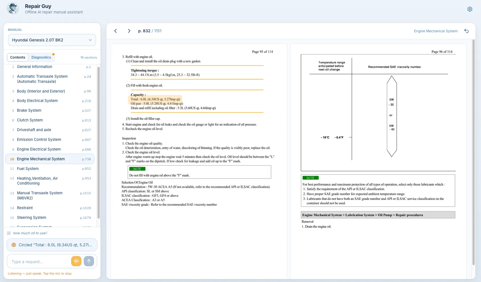 The Repair Guy interface — voice input alongside the manual page, with the relevant component highlighted